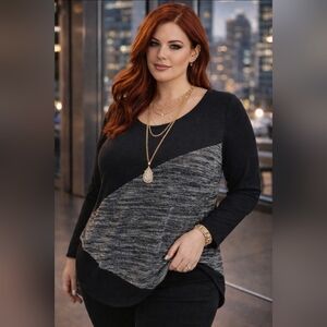 "Must-Have" AGB Asymmetrical Hem Long Sleeve Knit Top - 1X Black and Gray
